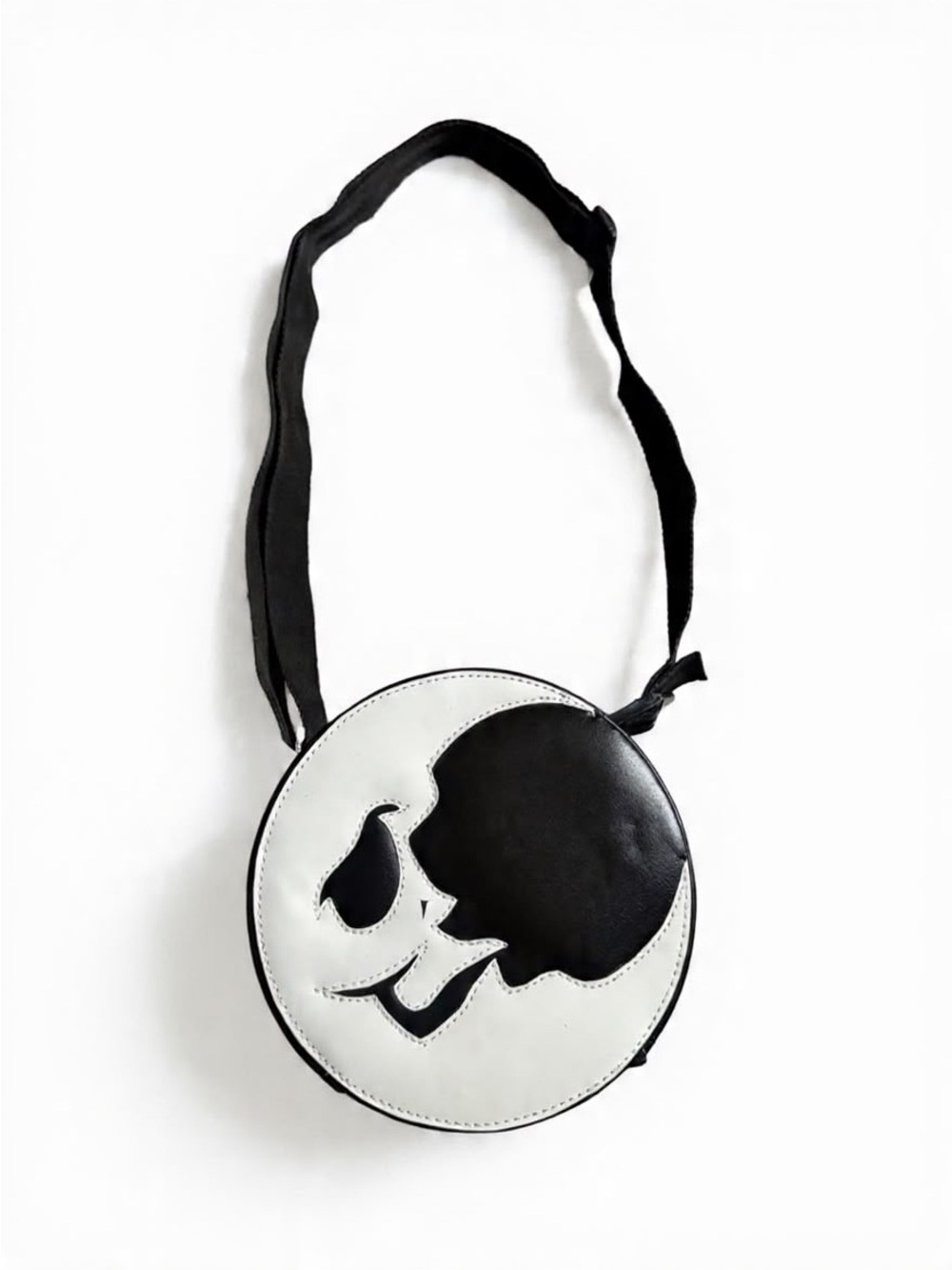 Round Skull Appliqué Crossbody Bag in Black and White